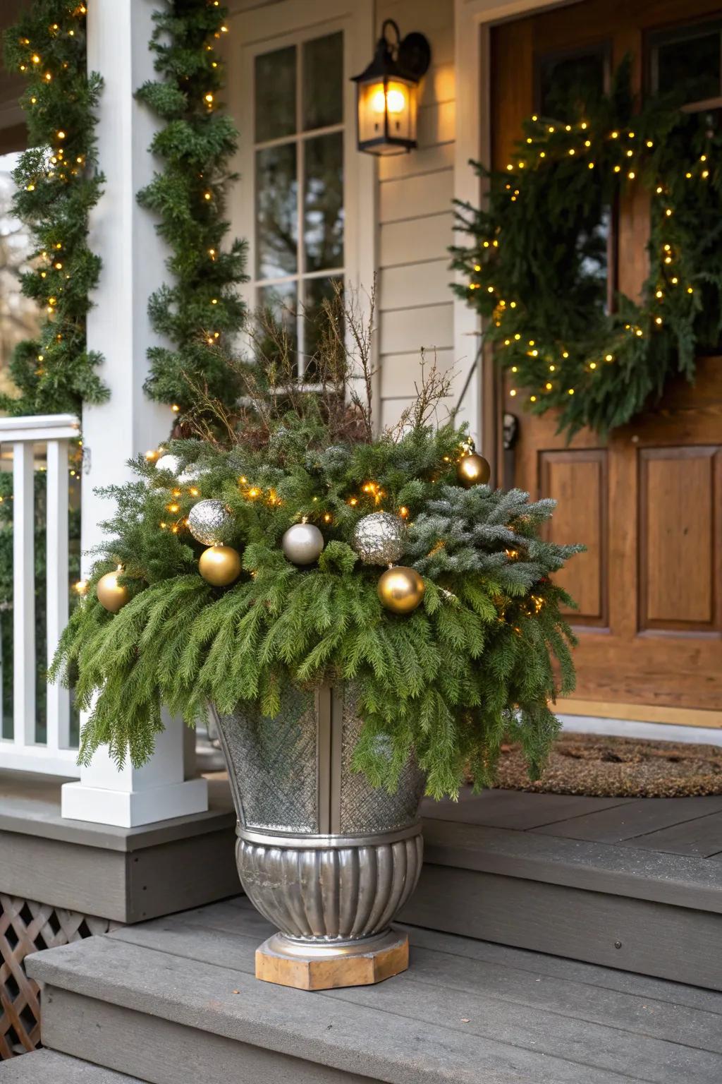 Metallic touches add sparkle to Christmas planters.
