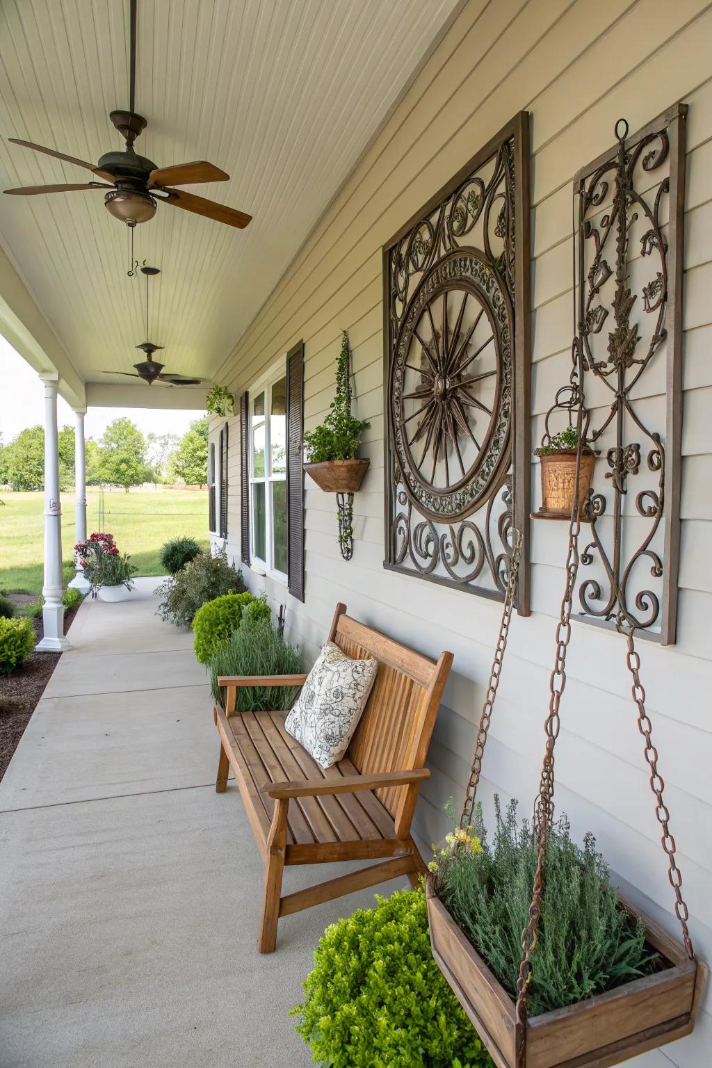 Outdoor art adds a creative touch to your porch space.