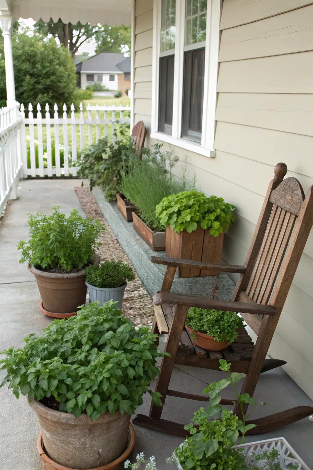 A front porch with a charming herb garden nook for fresh ingredients.