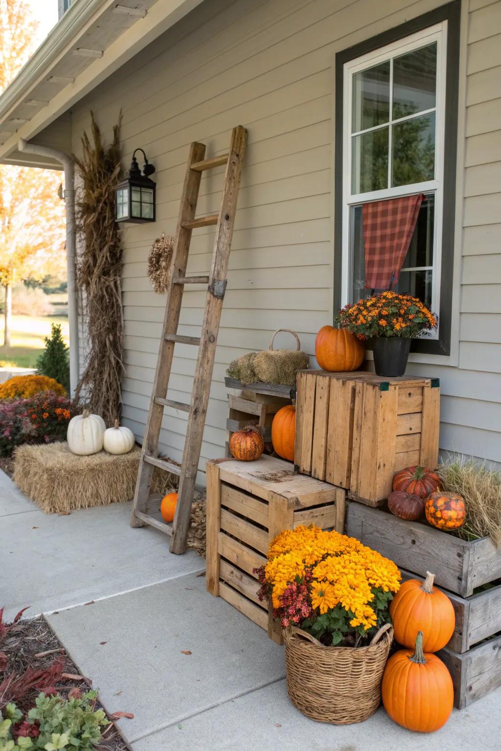 Vintage items adding character to a fall-decorated porch.