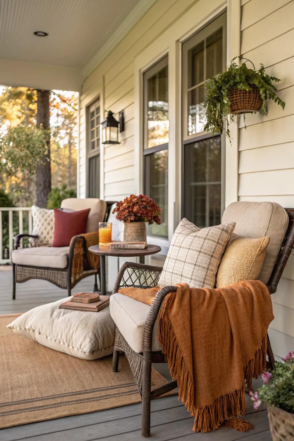 Pillows and throws add color and comfort to your outdoor seating.