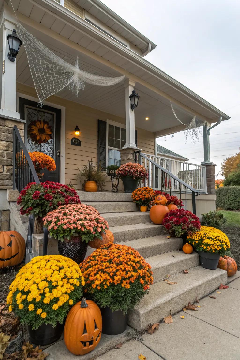 Bold mums add a splash of color to the spooky Halloween setup.
