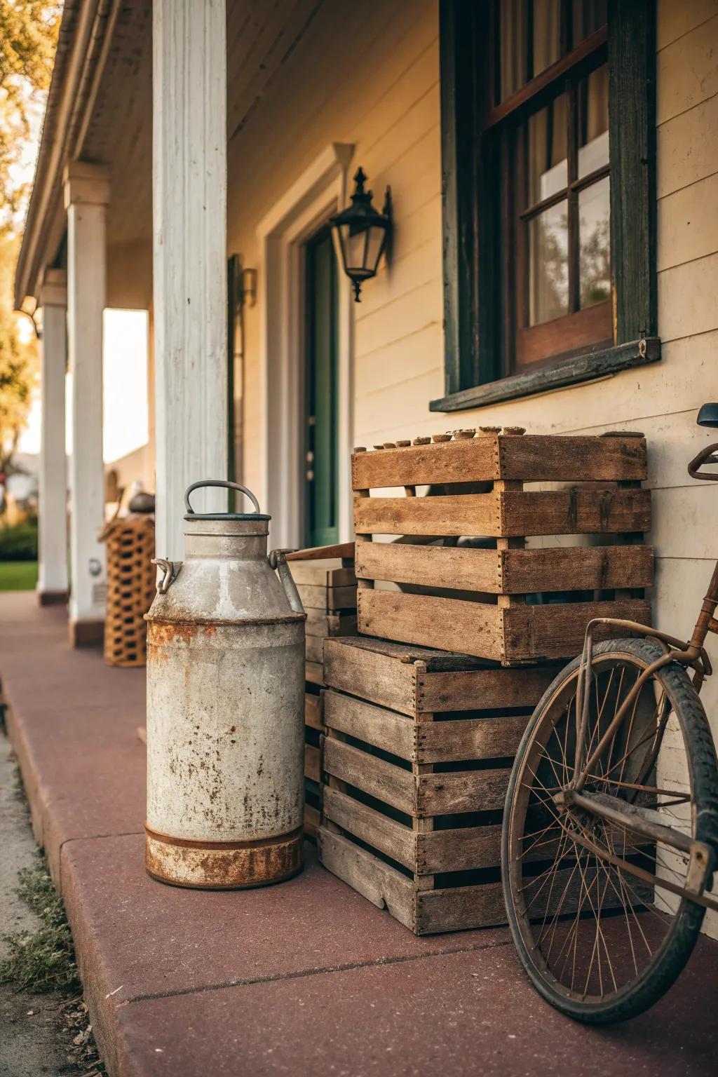 Vintage accents enhance the nostalgic feel of your porch decor.