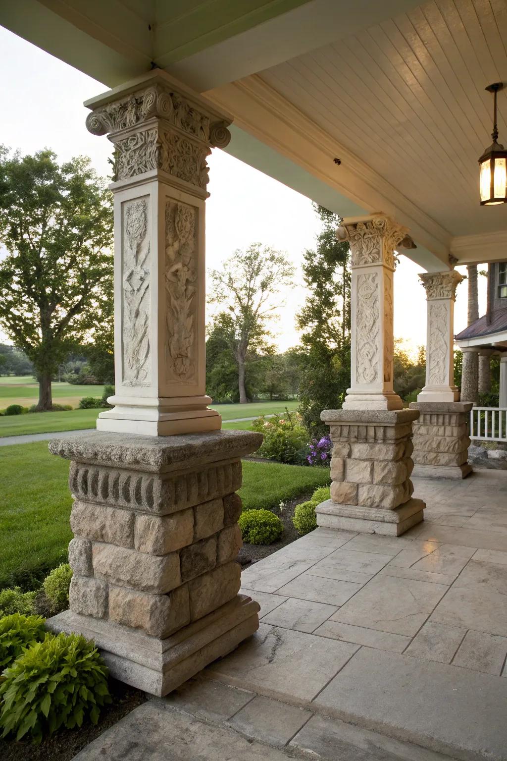 Crafted stone bases add luxury and elegance to porch pillars.