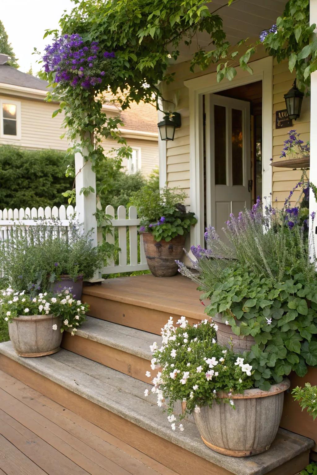 Fragrant flowers like lavender and jasmine create an inviting porch atmosphere.