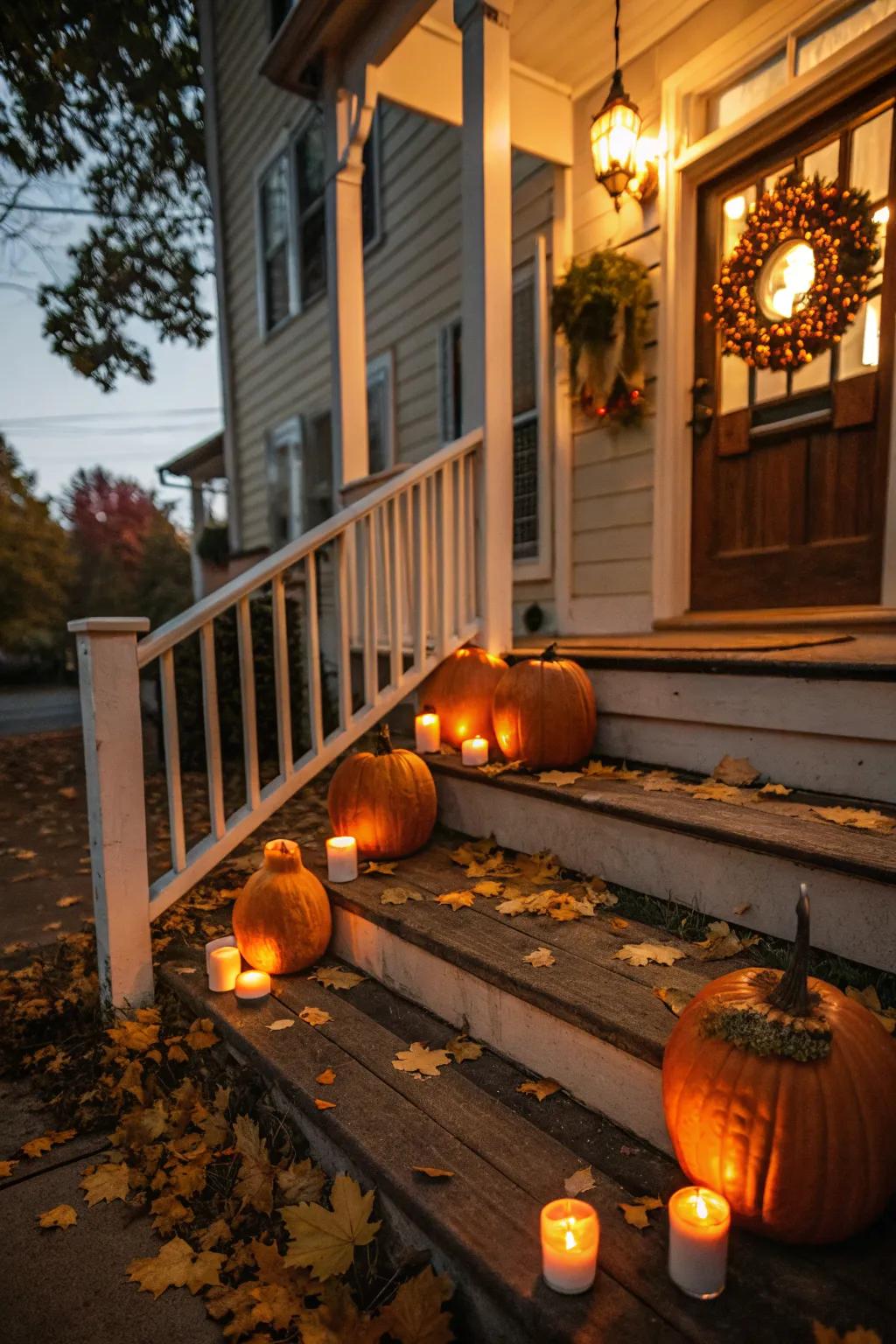 Pumpkin candle holders cast a warm, inviting light.