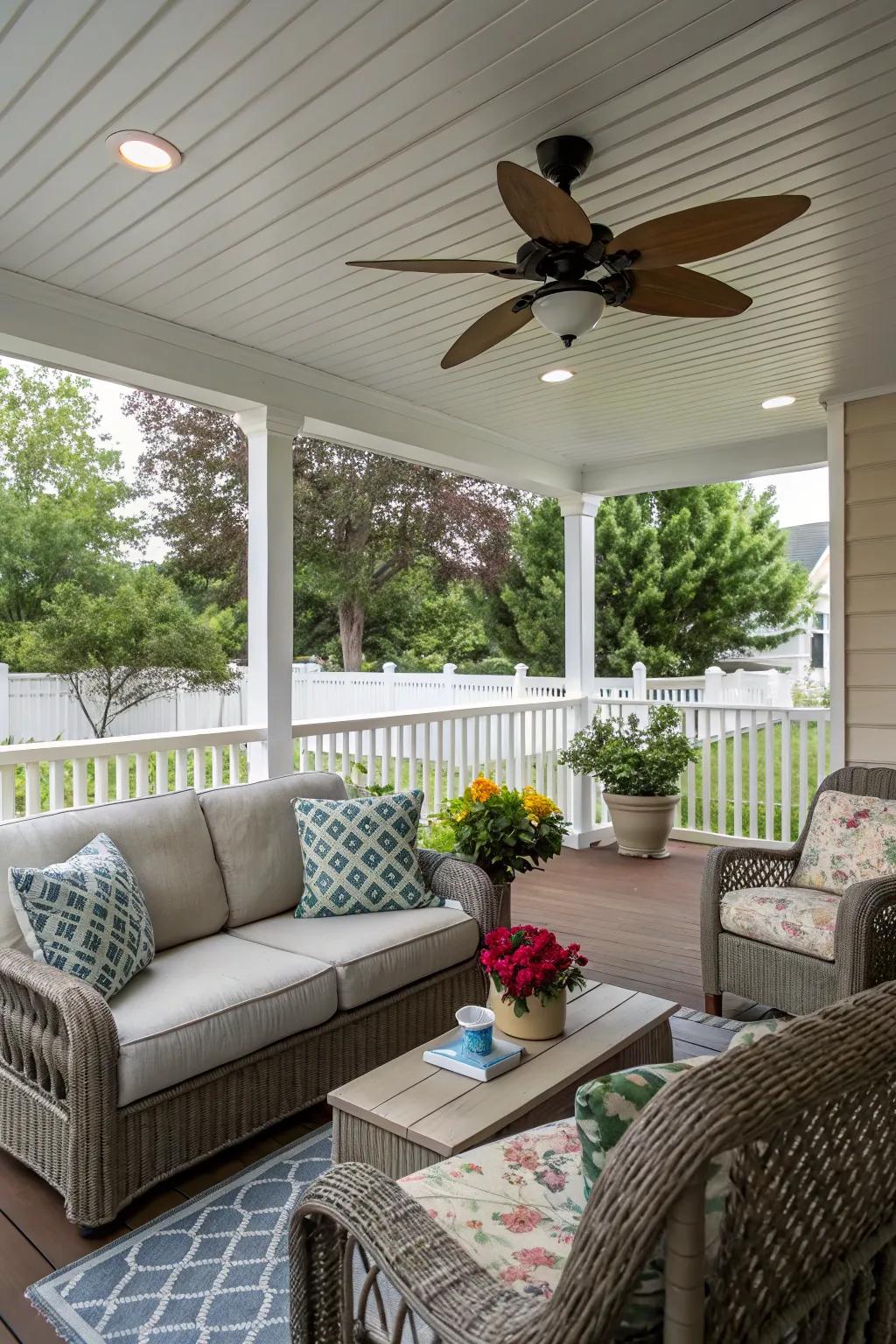 Stylish ceiling fan keeping the porch cool and breezy.