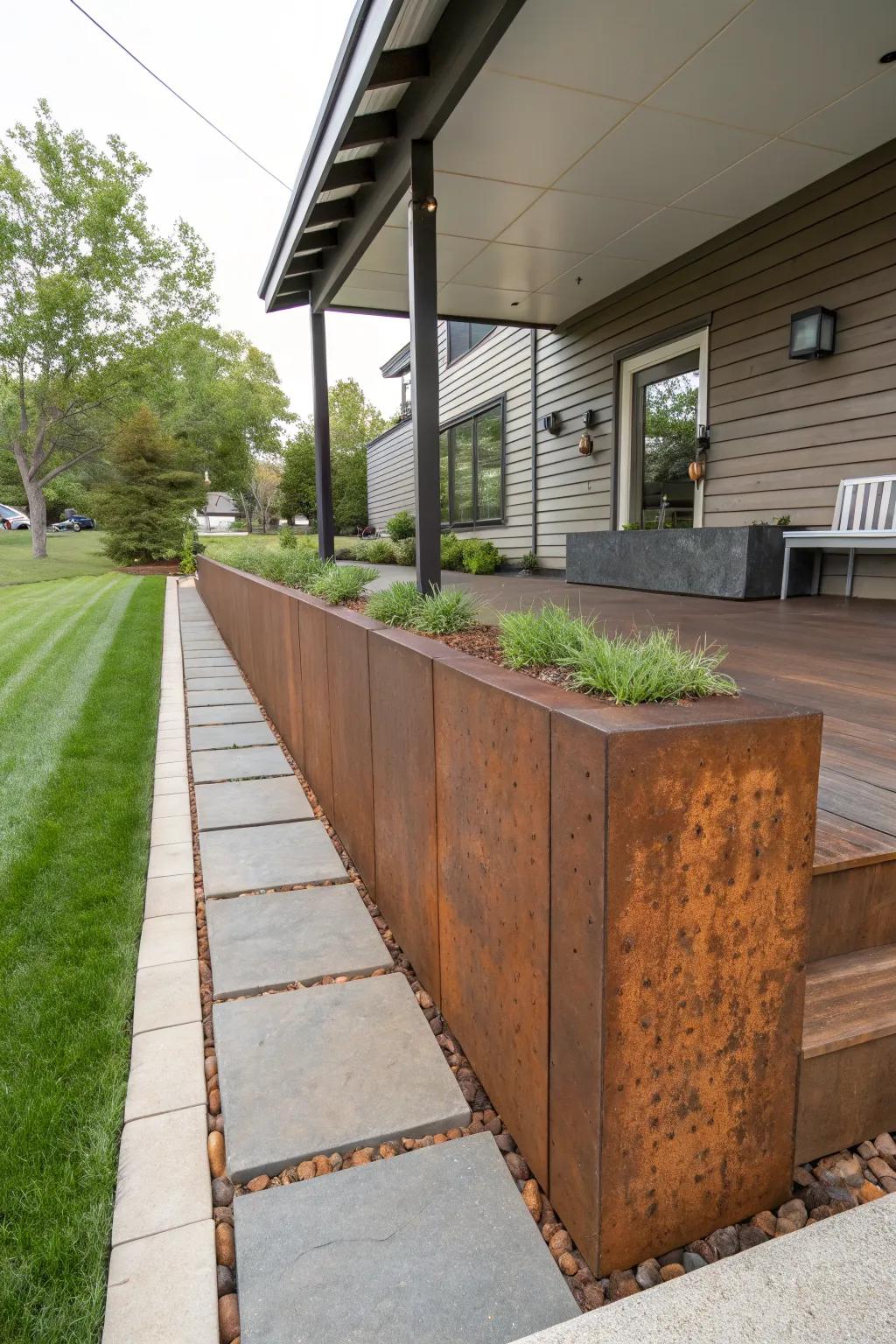 Corten steel provides a contemporary edge to retaining walls.