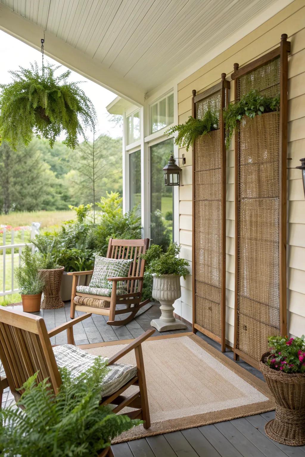 An eco-conscious porch featuring sustainable screens and natural decor elements.