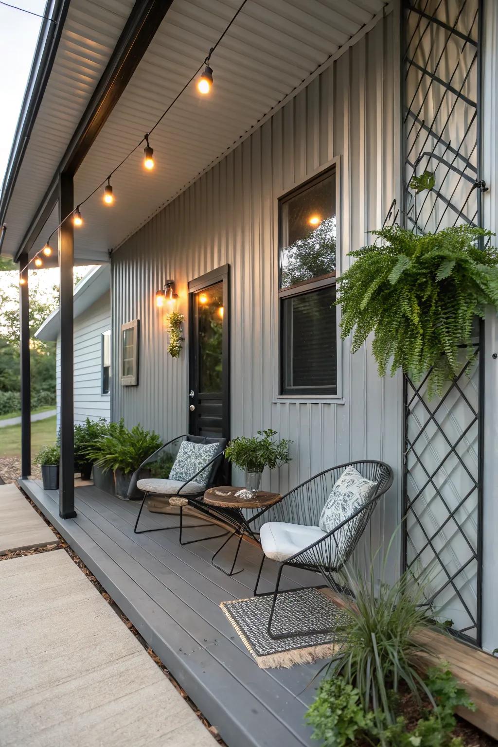 Sophisticated front porch with metal panel siding.