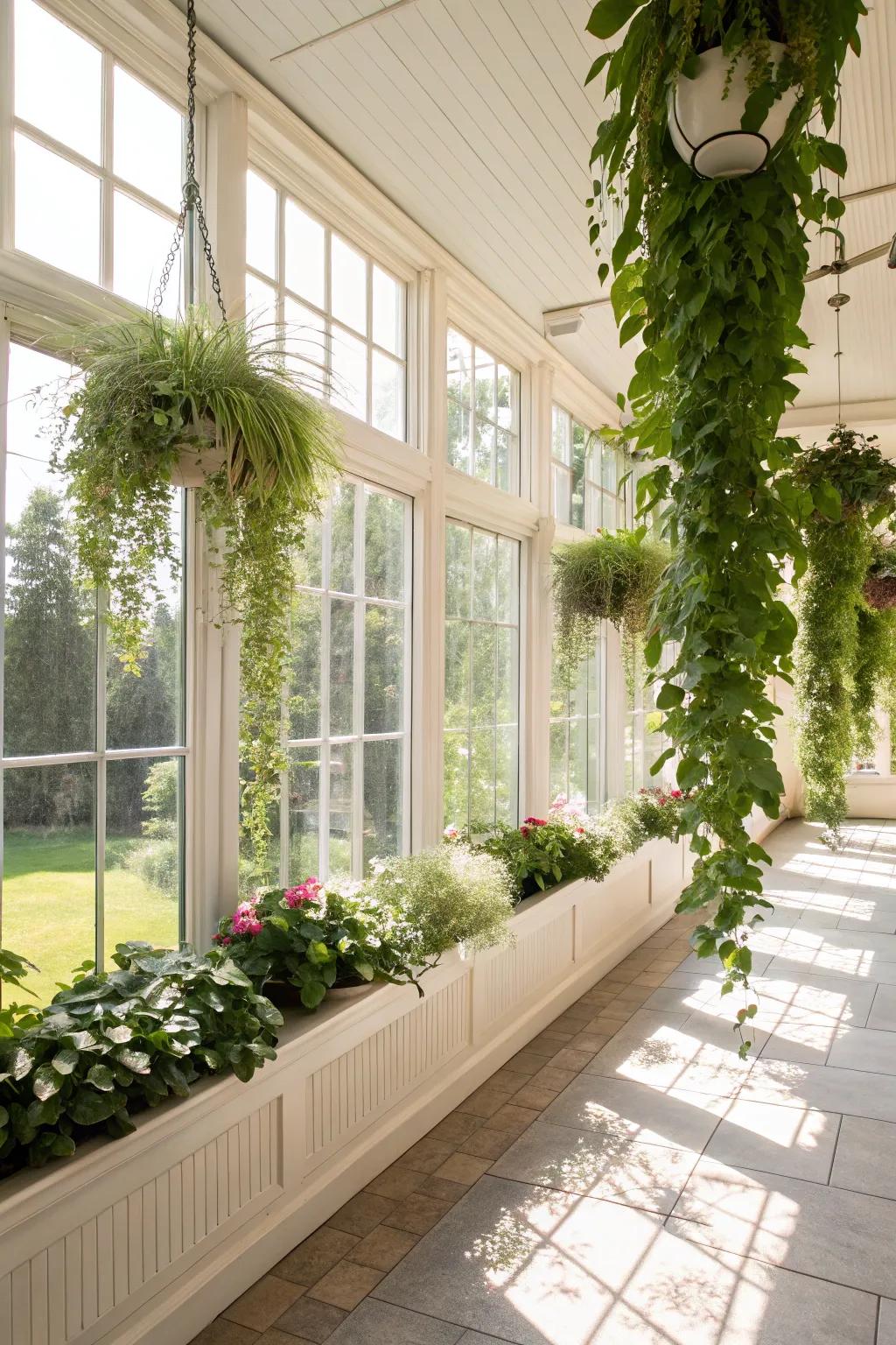 Lush hanging plants making use of vertical space in a sunroom.