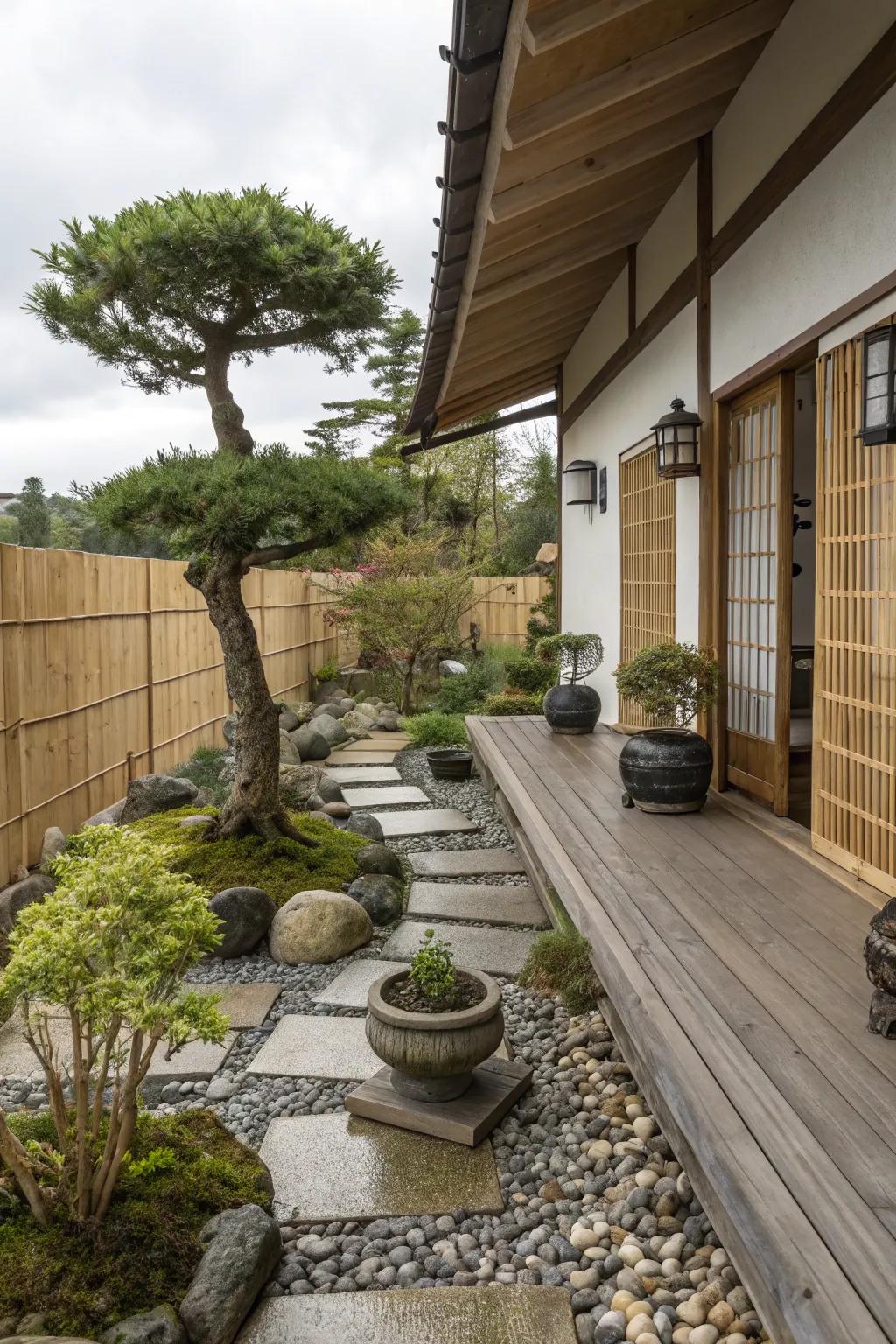 Bonsai trees bring a touch of Zen tranquility to the porch.