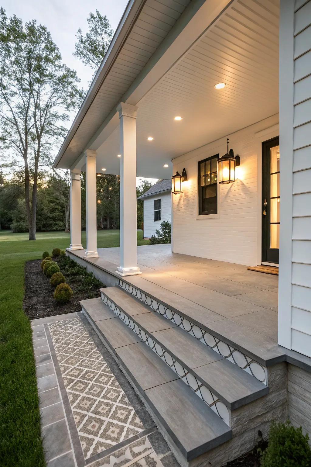 A front porch with patterned concrete underpinning.