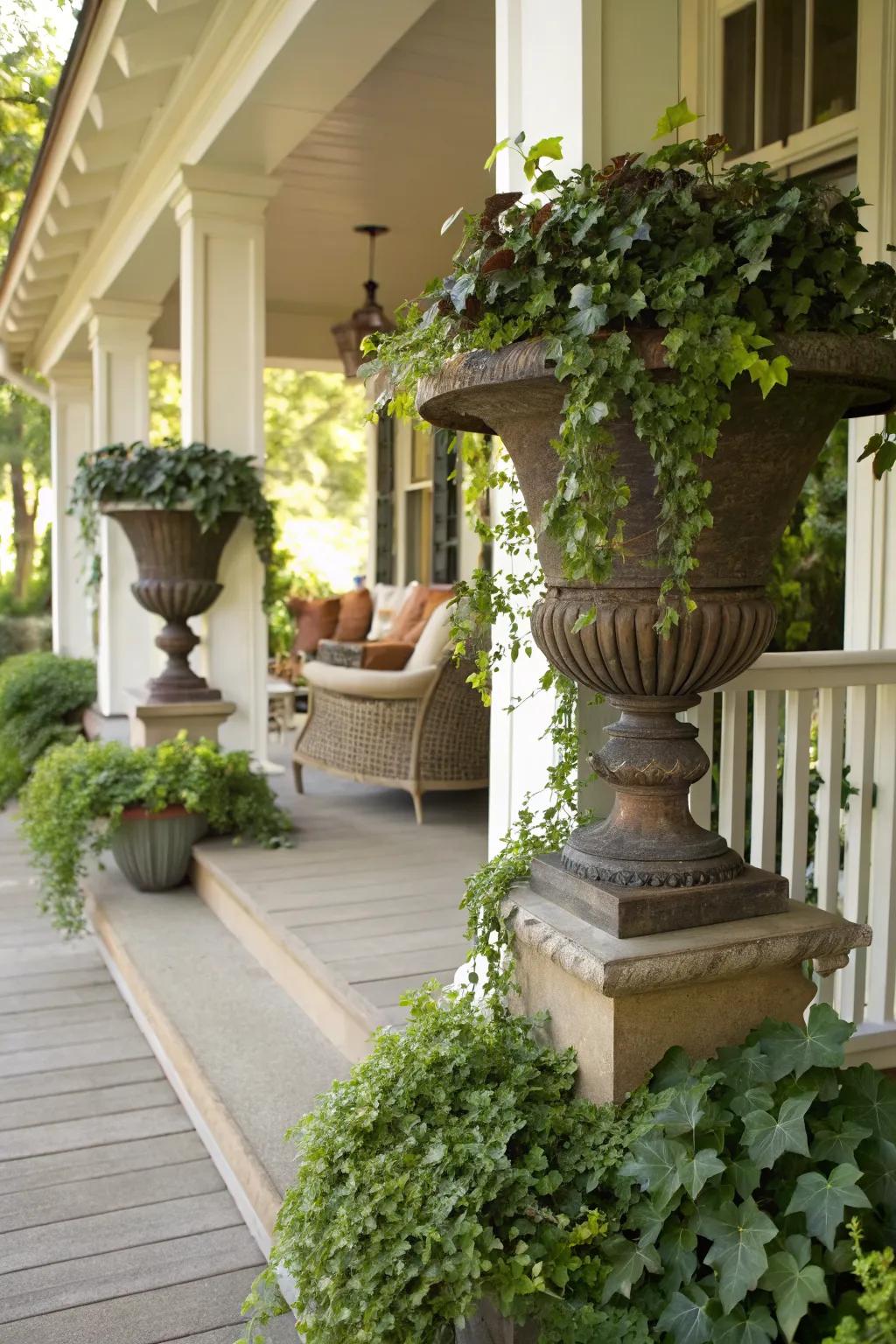 Cascading plants add dynamic layers to your porch.