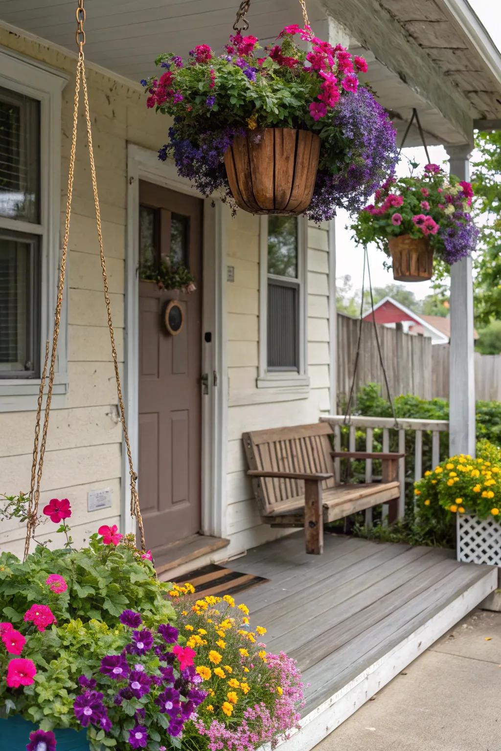 Hanging planters bring color to the wall