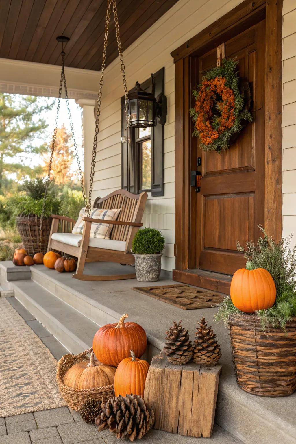 Seasonal wood decor adding festive charm to the porch.