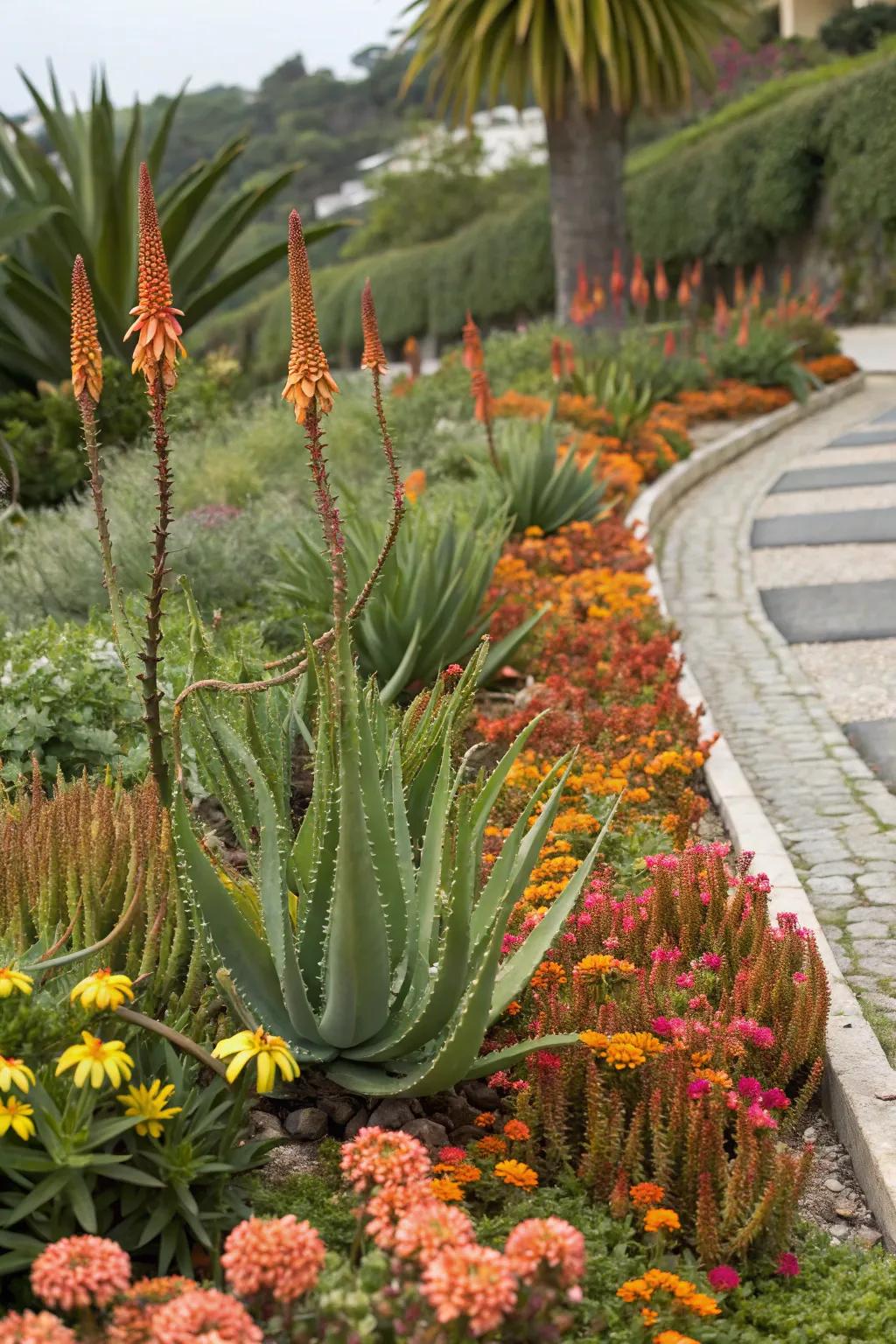 Textured aloe vera in a colorful flower bed