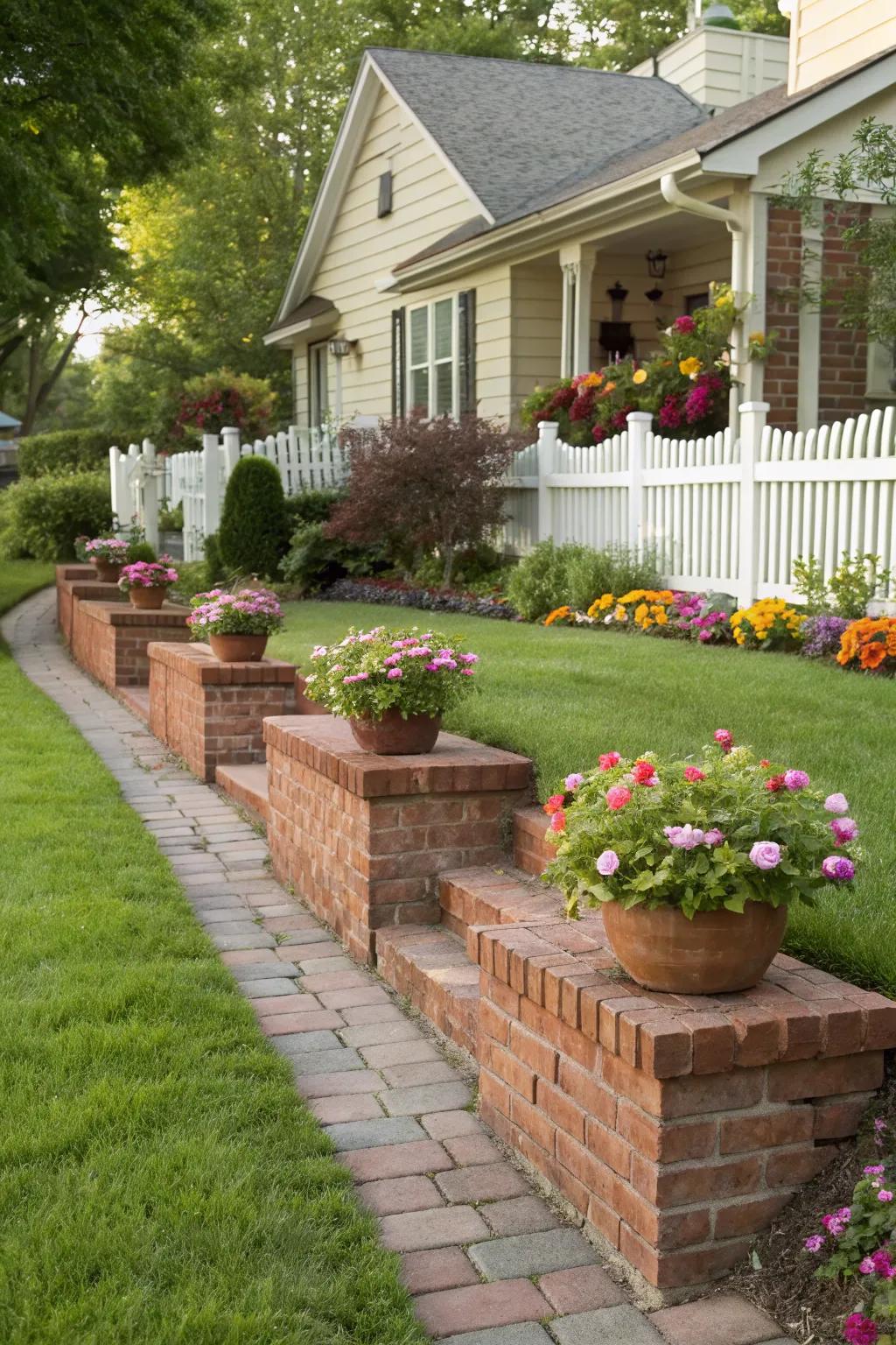 Brick planters add color and functionality to this front yard.