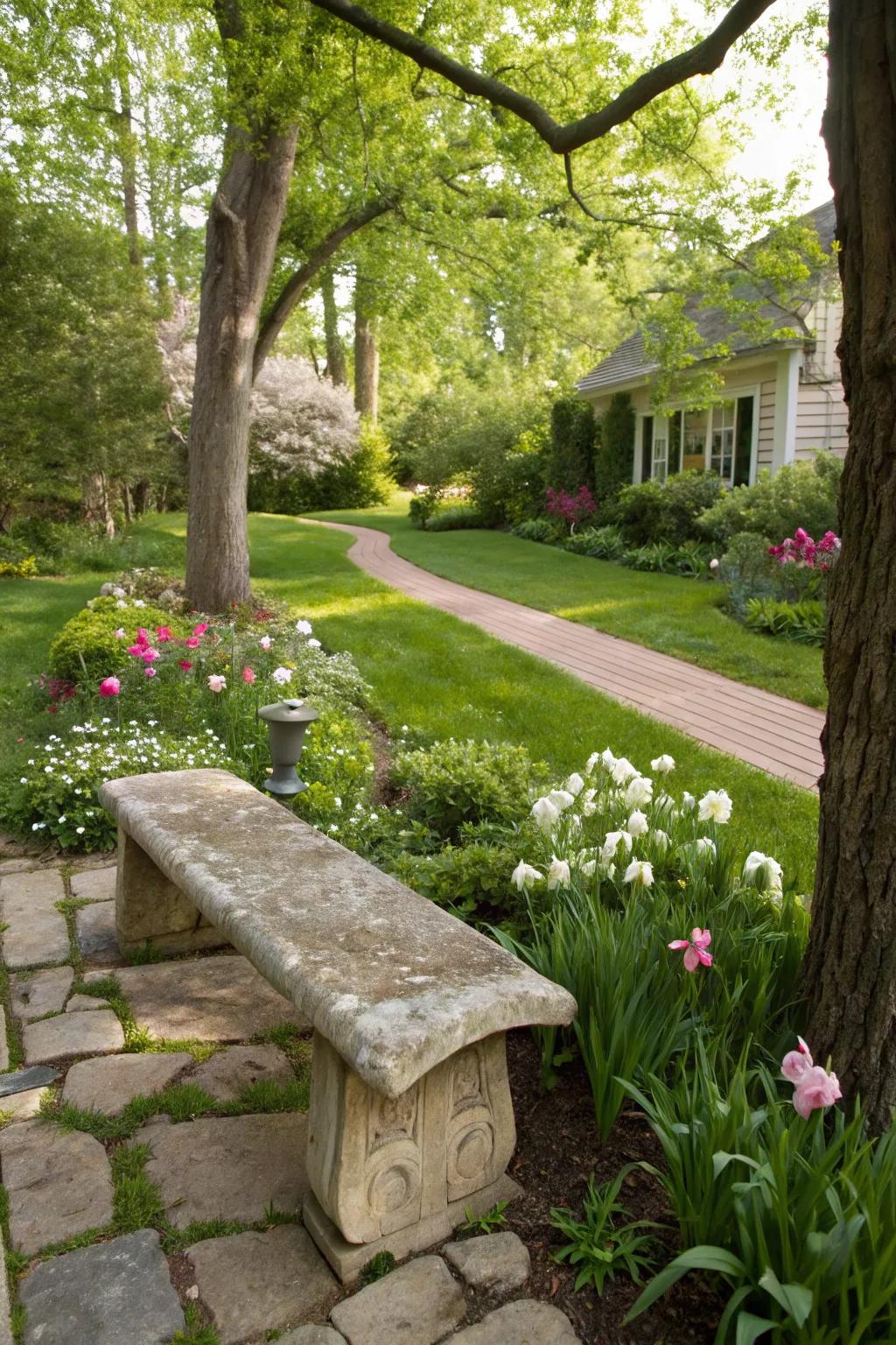 A stone bench offers timeless durability and natural beauty.