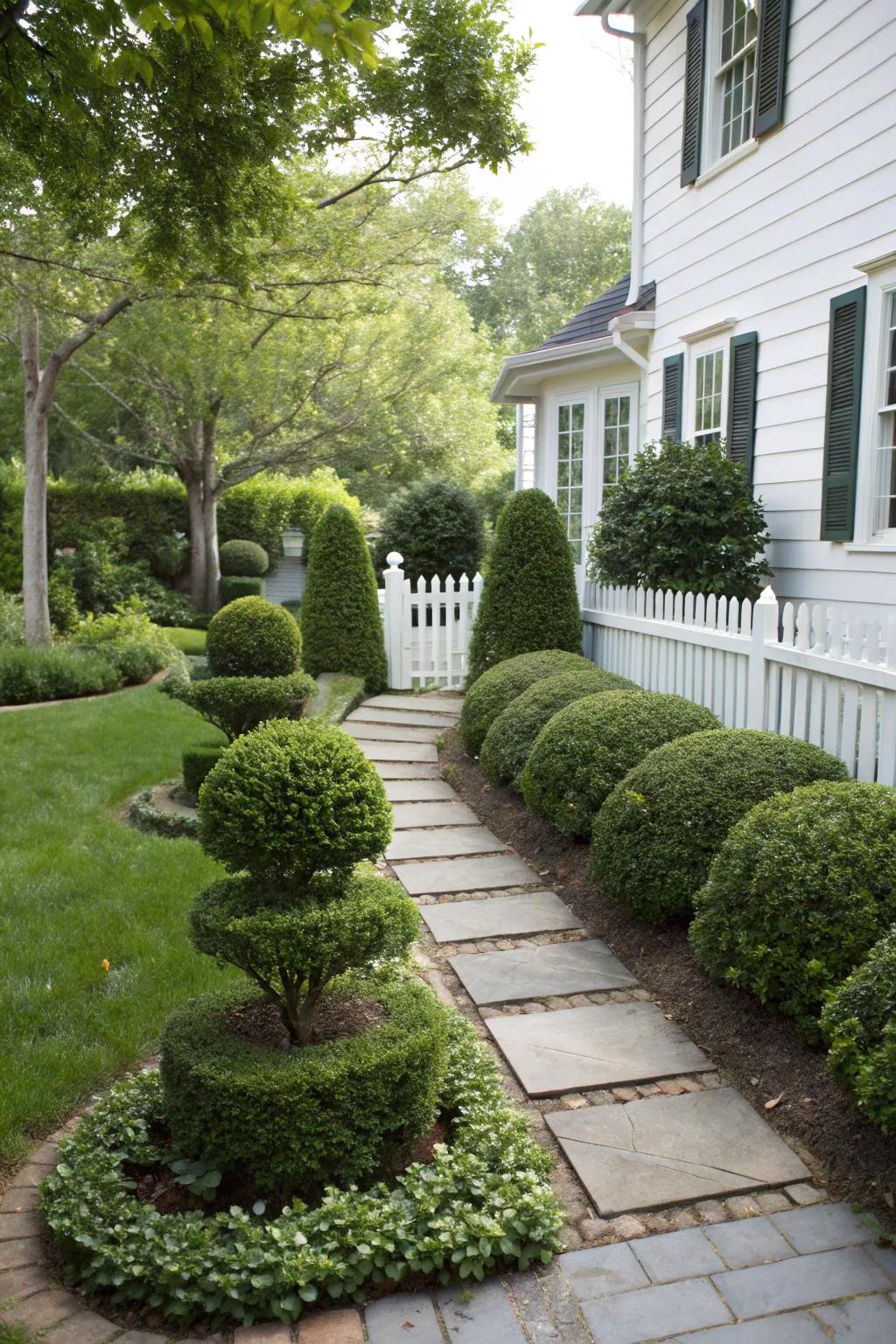 Layered boxwoods add depth and dimension.