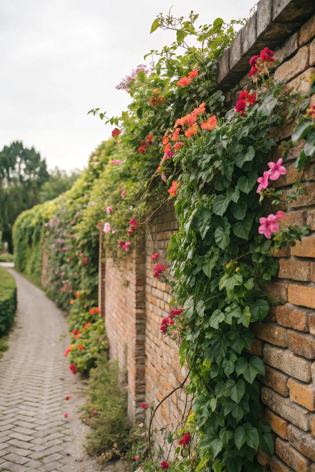 Climbing plants turn brick walls into living art.
