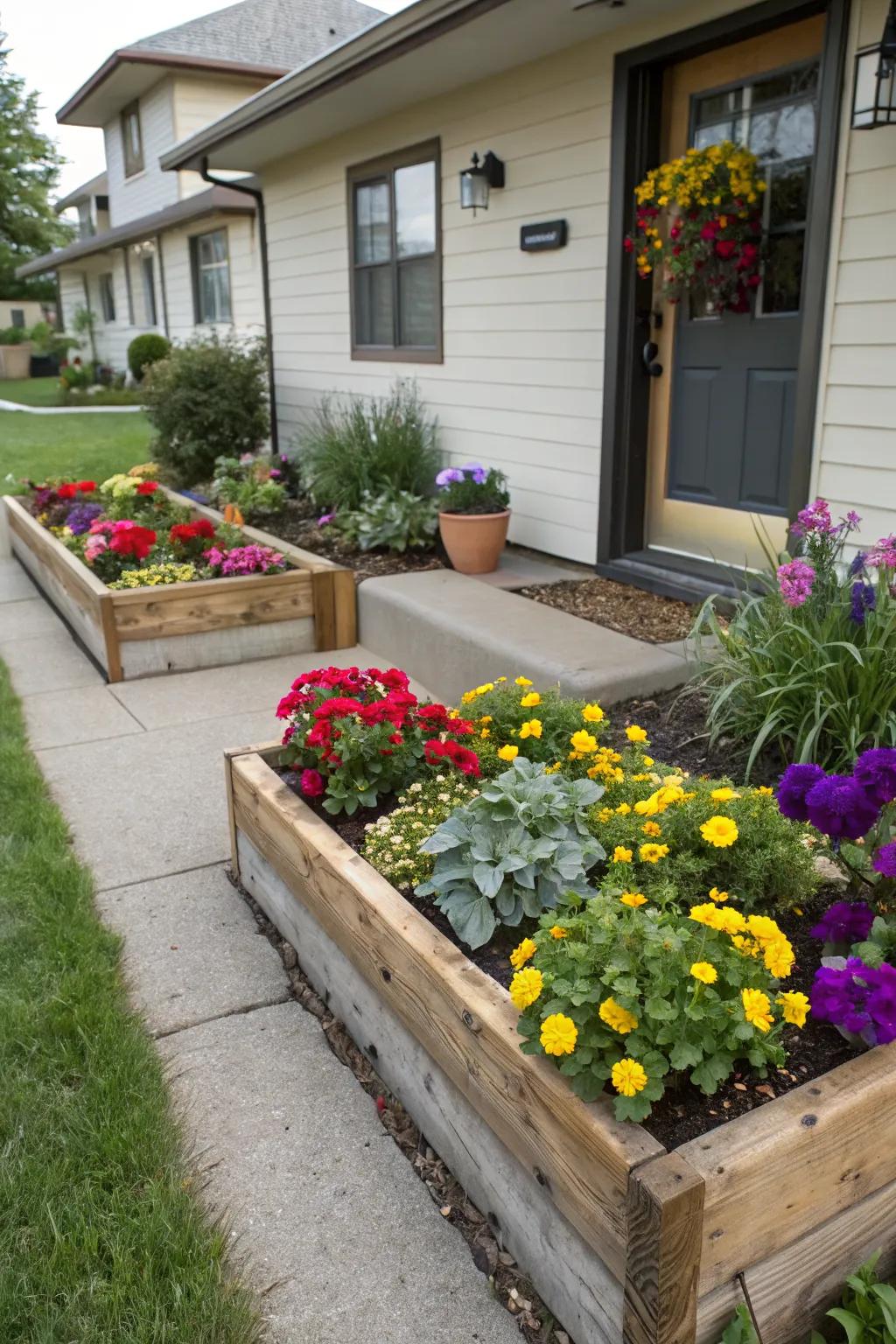 Raised planter boxes provide structure and a place for vibrant plantings.