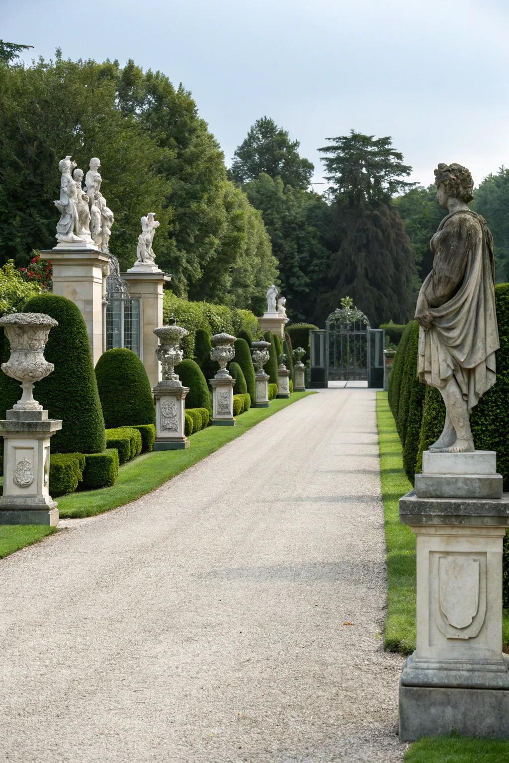 Sculptural elements add personality and charm to driveways.
