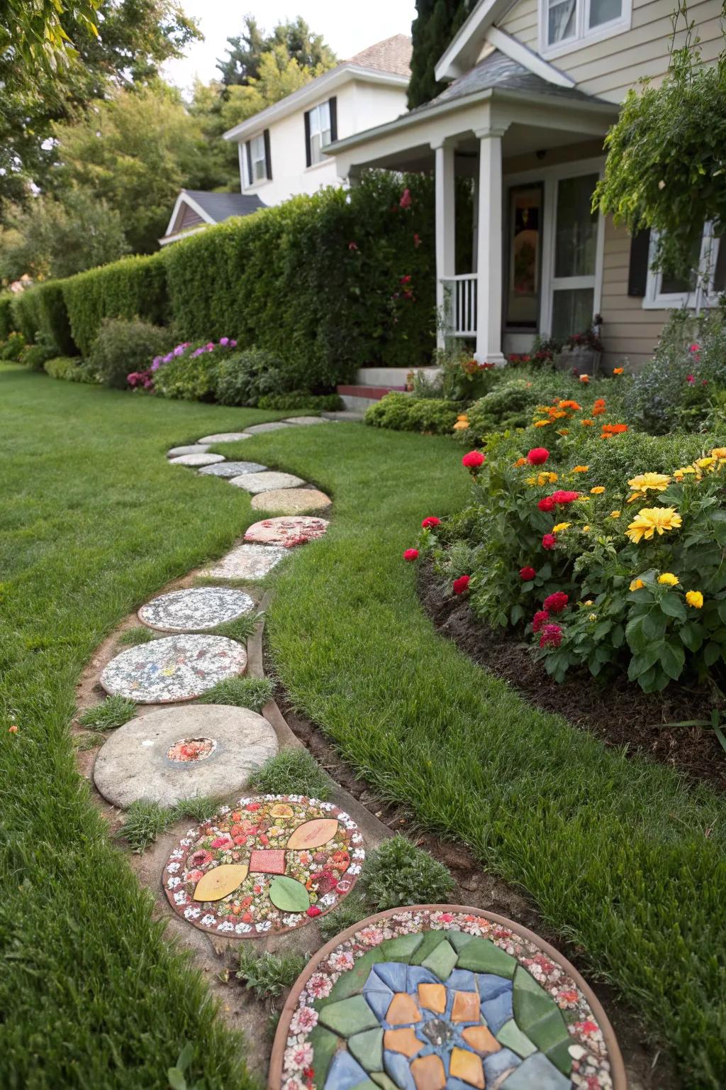 A mosaic path adds creativity and color to the entrance.