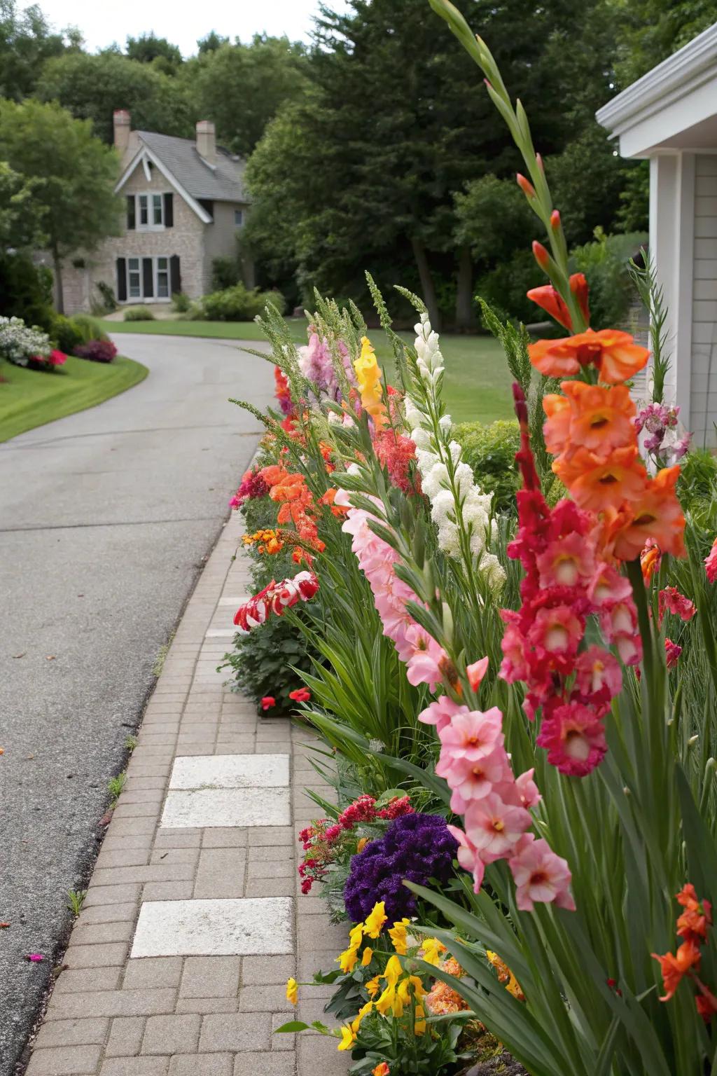 Gladiolus flowers frame a driveway, adding elegance and curb appeal.