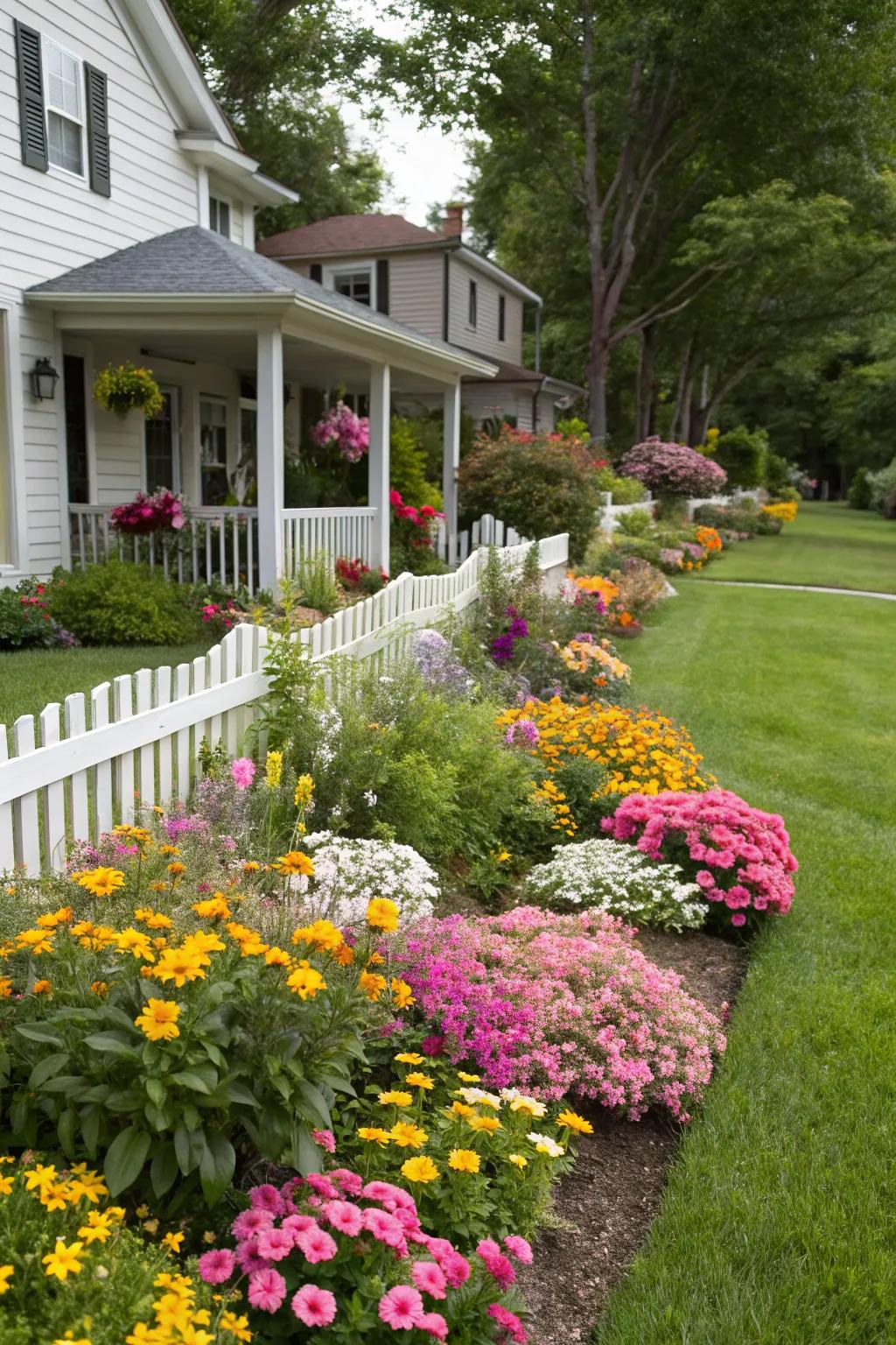 Colorful flower beds bring life and vibrancy.