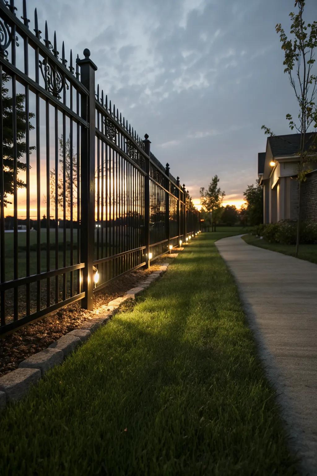 Integrated lighting adds a warm glow to this iron fence at dusk.