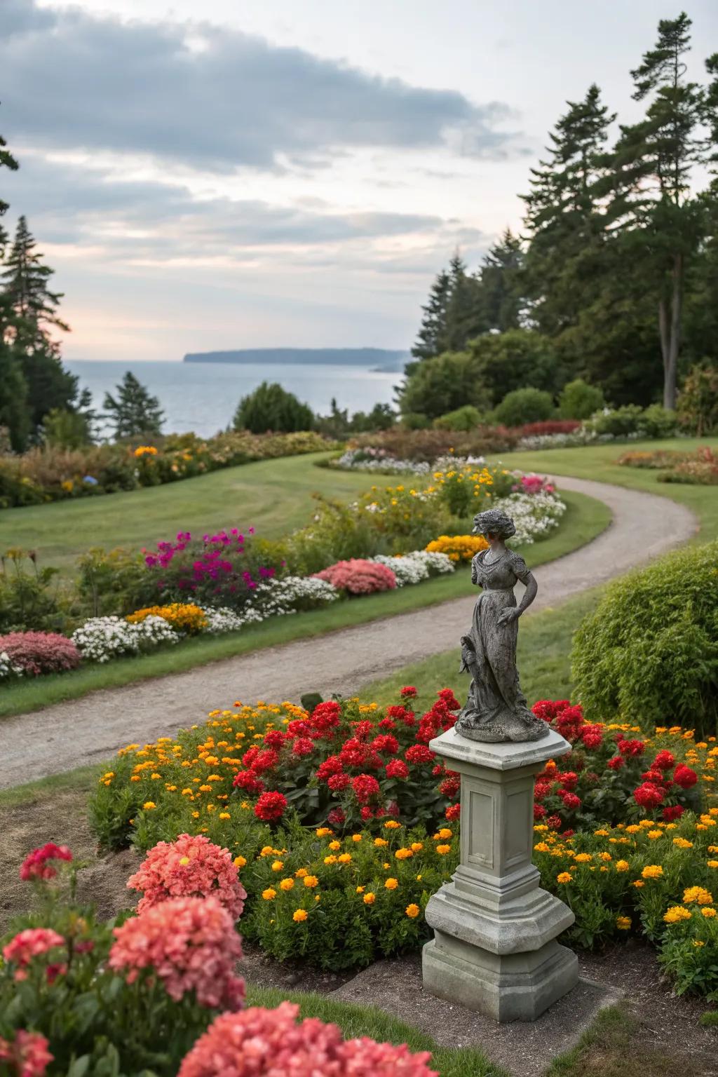 An island flower bed featuring a small statue as a sculptural element.