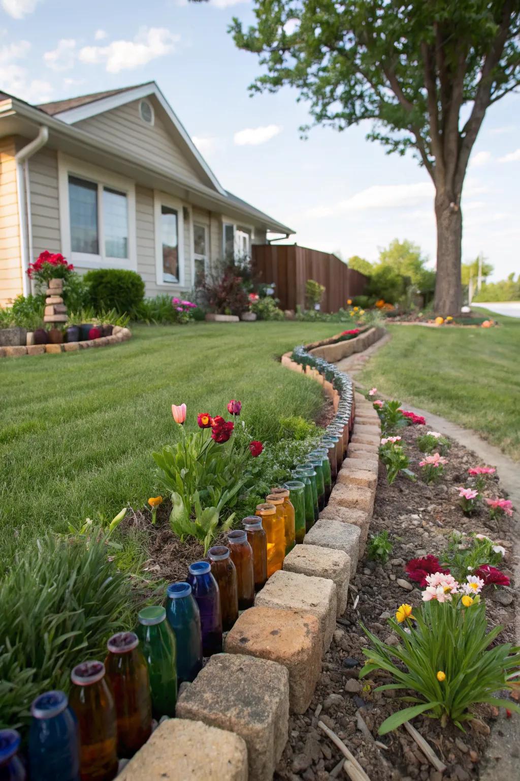 Recycled glass bottles create a colorful and eco-friendly landscape edging.