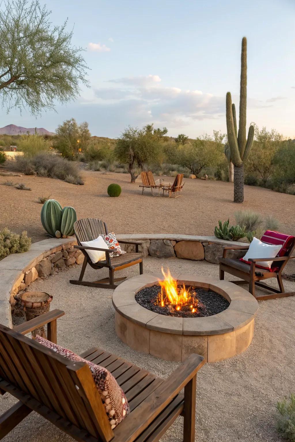 A fire pit creates a cozy gathering space for cool evenings.