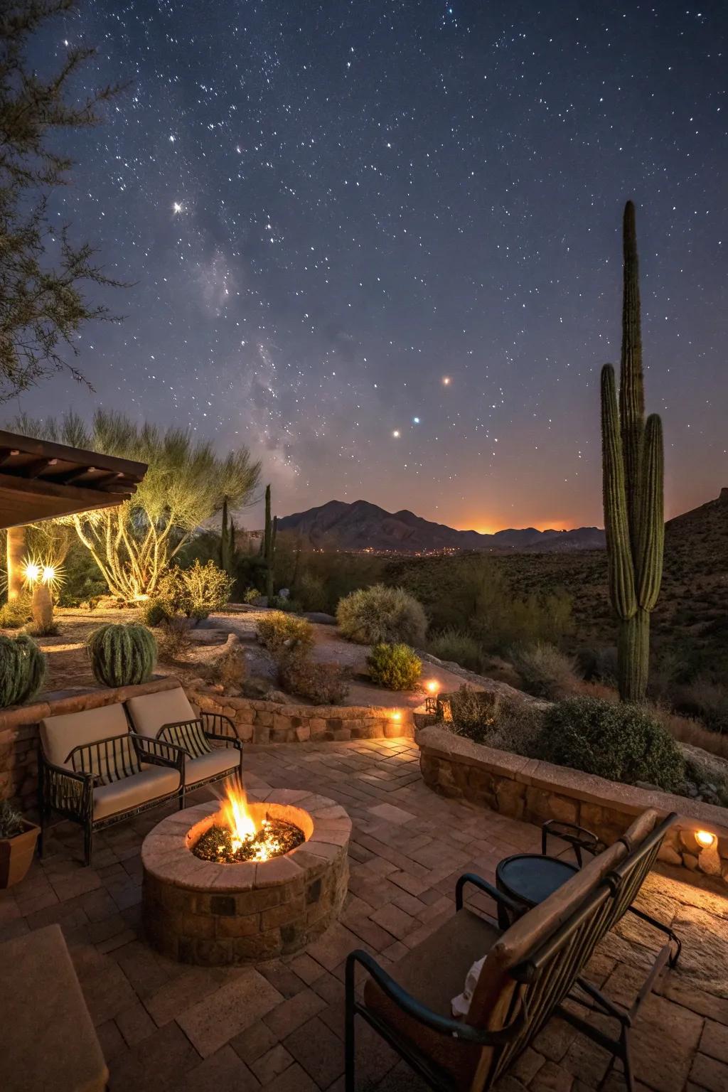 A fire pit offers a cozy gathering spot for cool evenings.