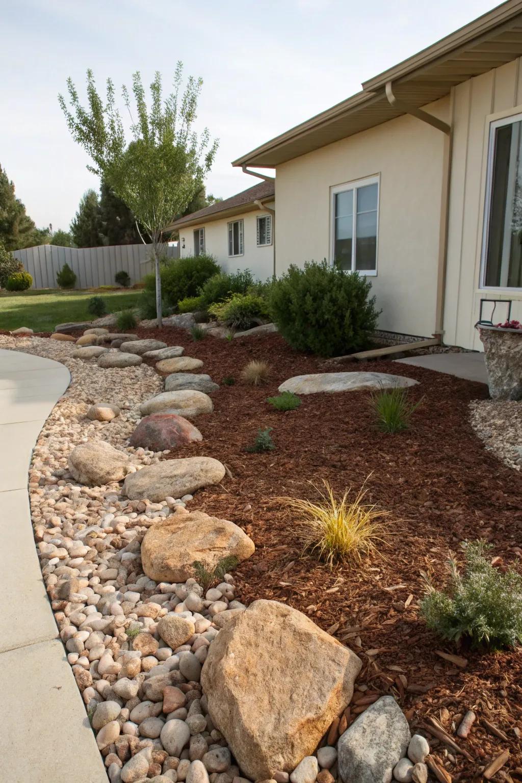 Rocks and mulch create a beautiful, textured landscape.