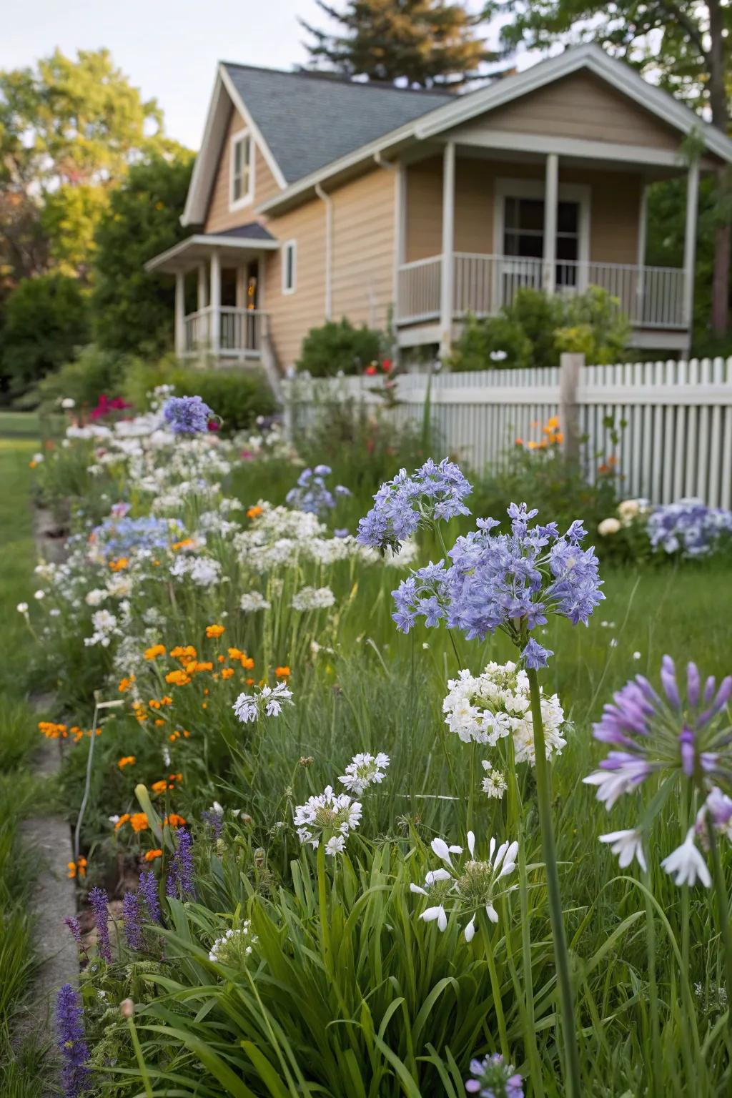 Embrace untamed beauty with agapanthus and wildflowers.