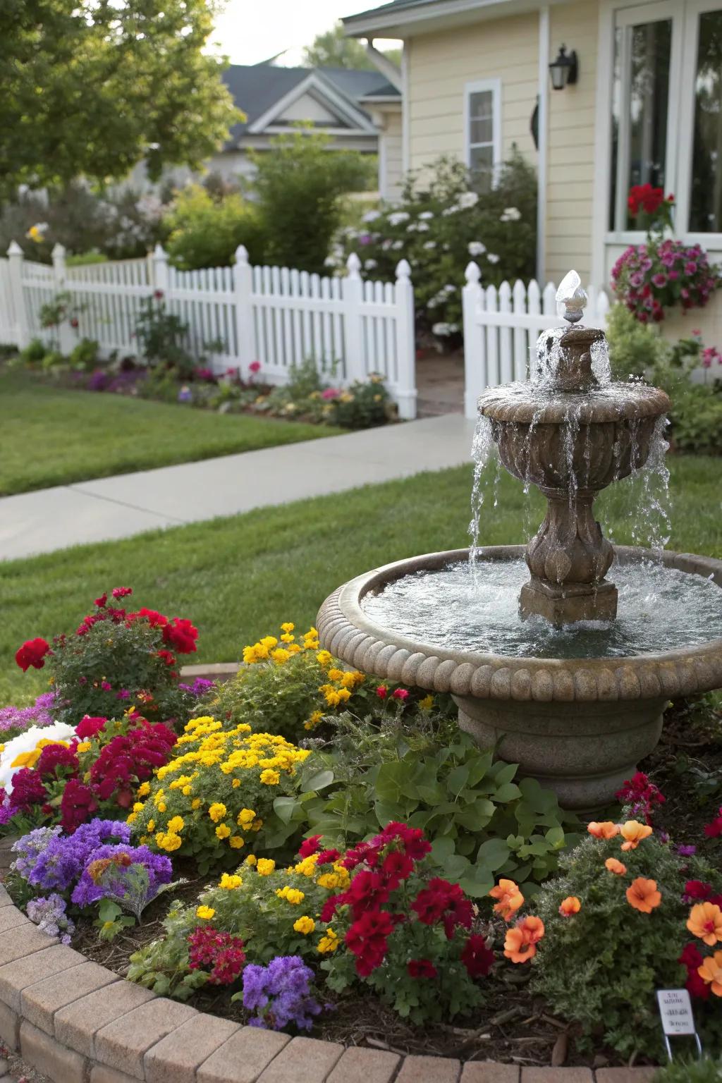 A charming water feature adding tranquility and color to a front yard.