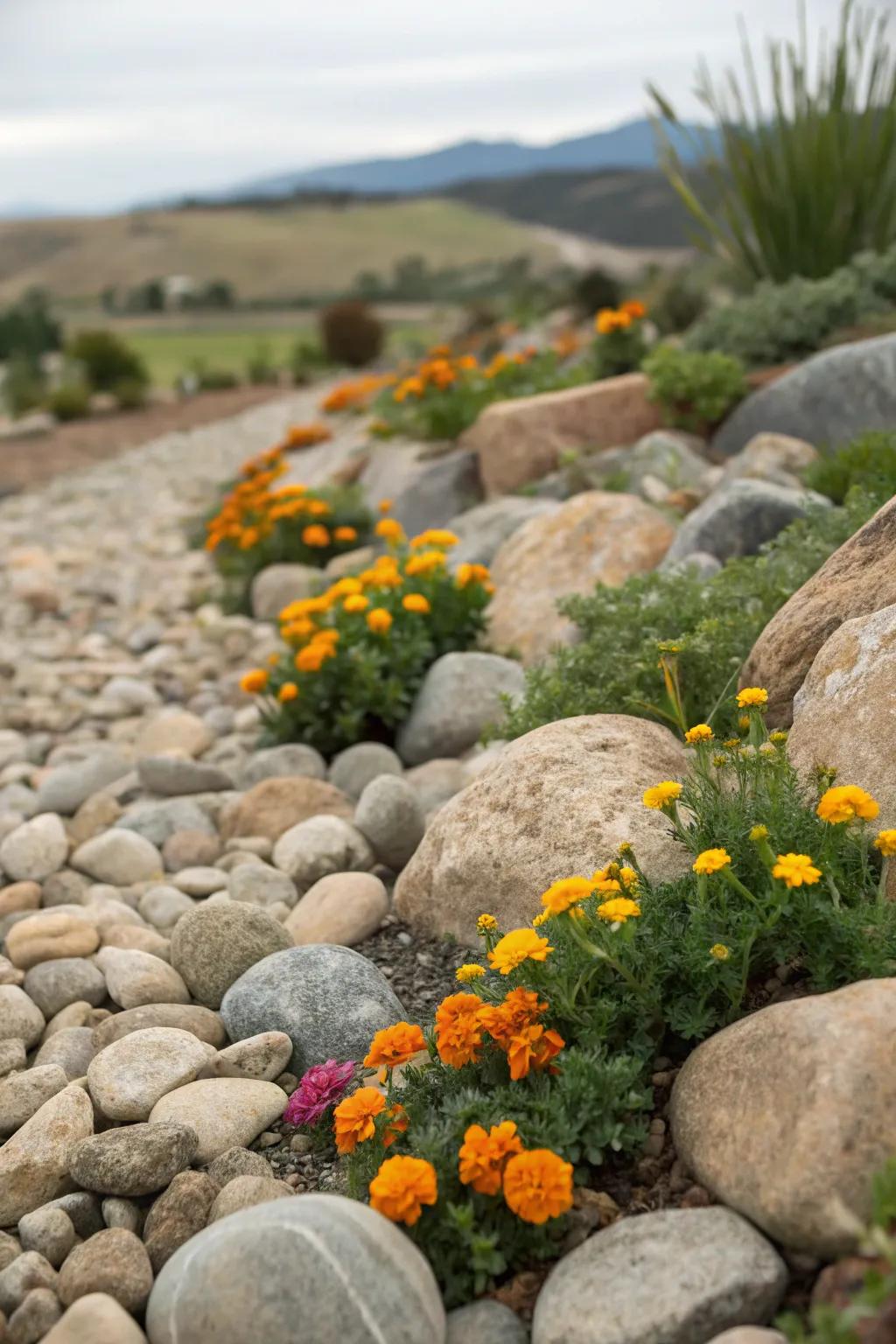 Marigolds bring life and color to rock gardens.