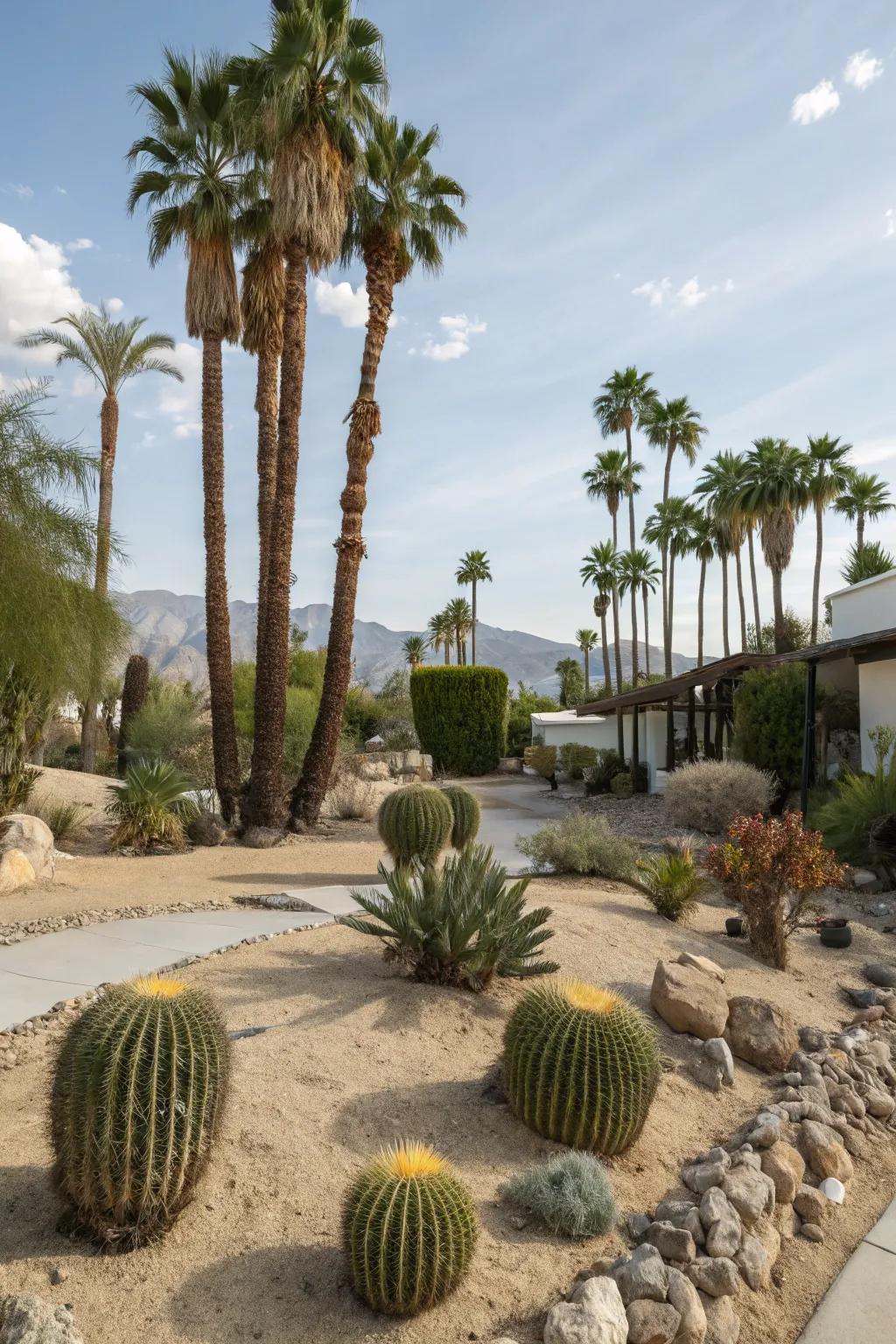 A desert oasis with palms and cacti offers a low-maintenance, striking design.