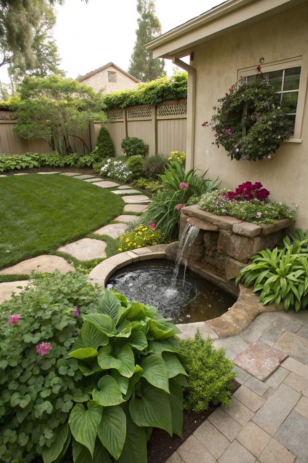 A front yard enhanced by a serene water feature and lush plants.