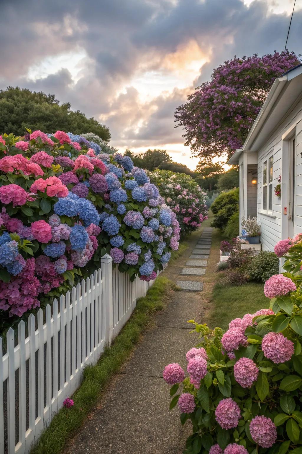 Hydrangeas: Playful blooms for a charming privacy hedge.