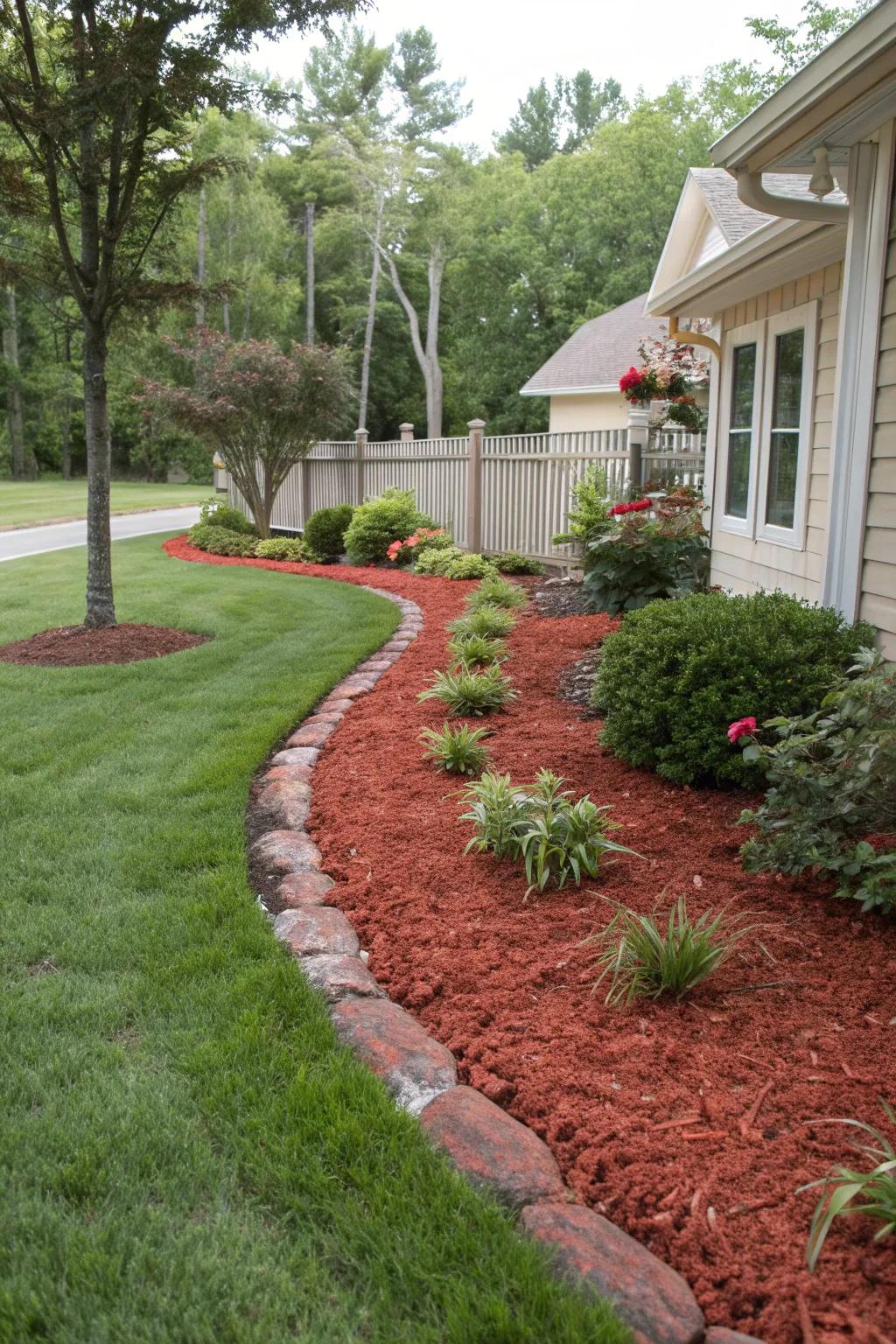 Red mulch used as a natural divider in a tidy front yard.