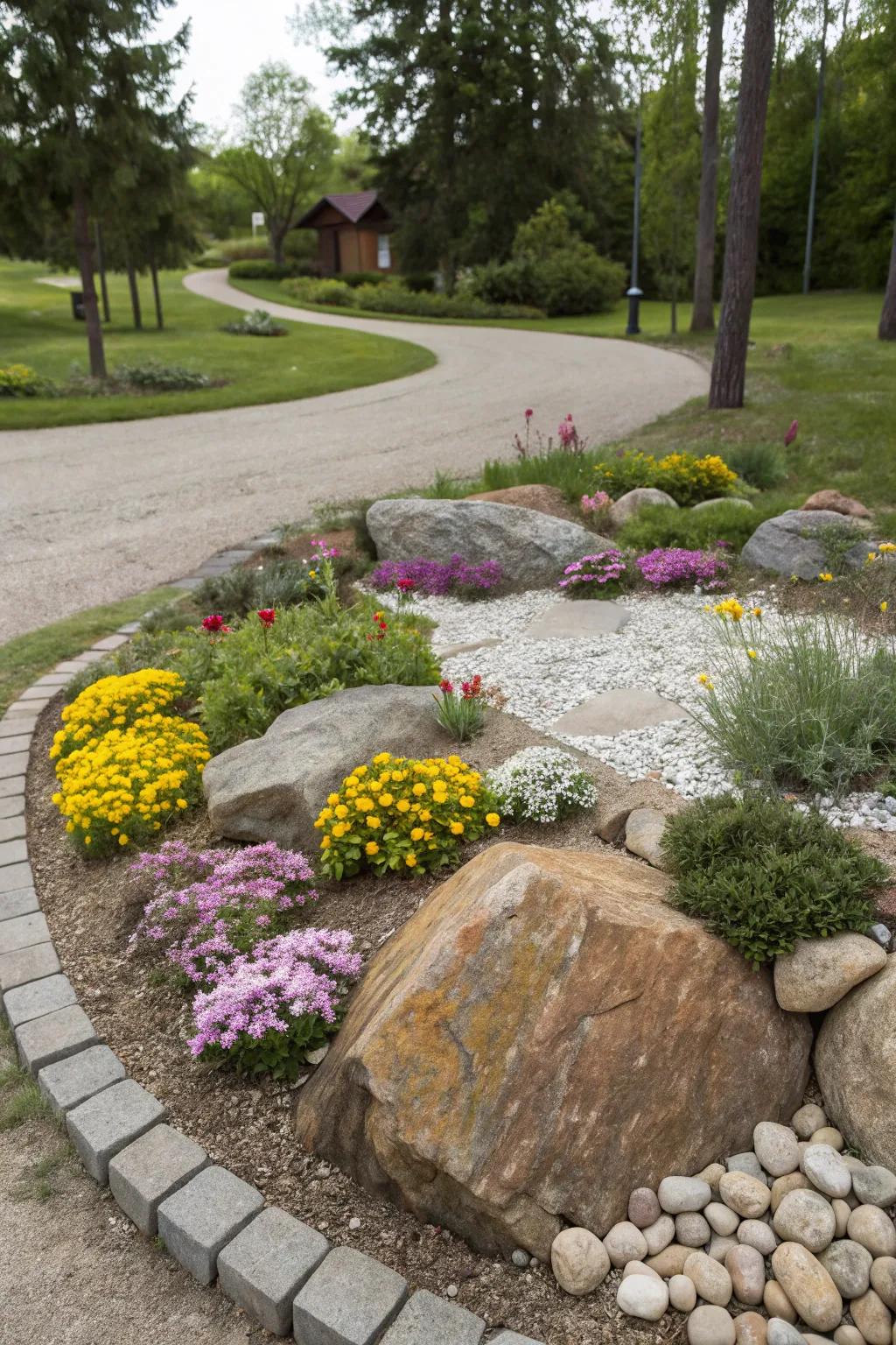 Rock garden elements add texture and contrast to this flower bed.