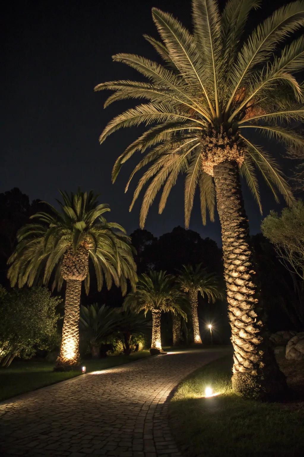 Garden lighting showcases the beauty of sago palms at night.