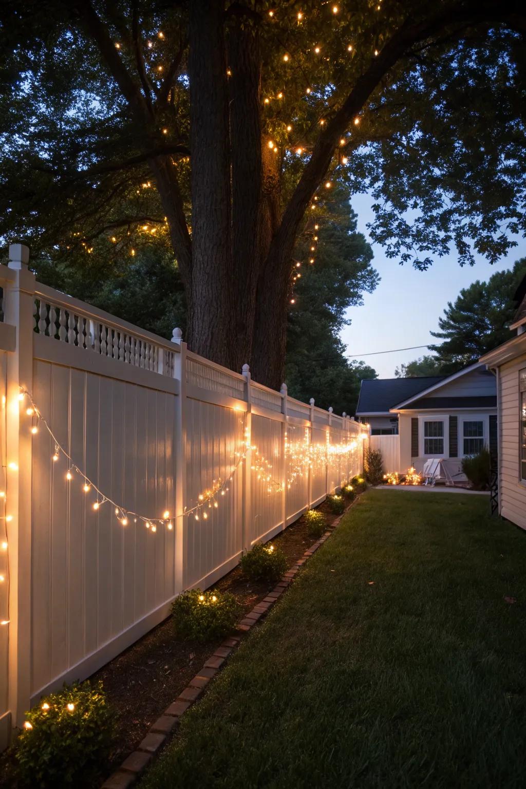 String lights on a vinyl fence setting a fairytale-like scene.