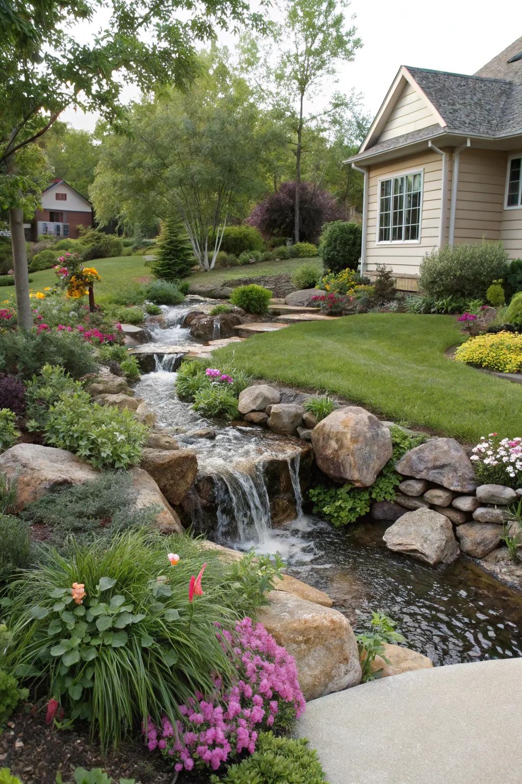A meandering stream waterfall creates a tranquil atmosphere.