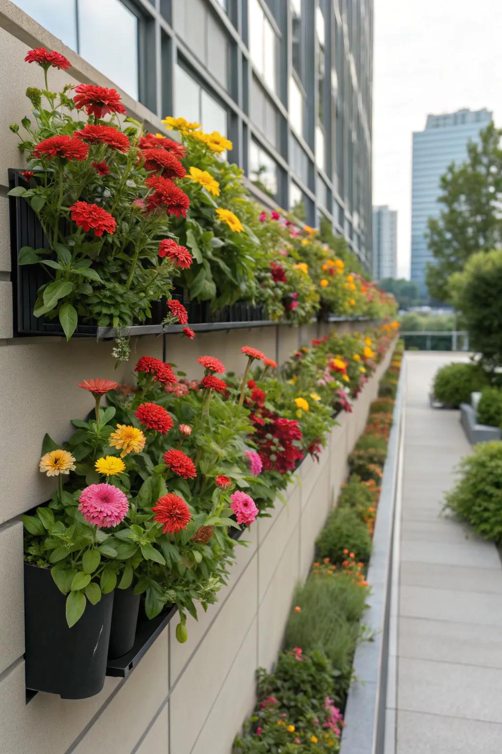 Vertical gardening with zinnias maximizes space and style.
