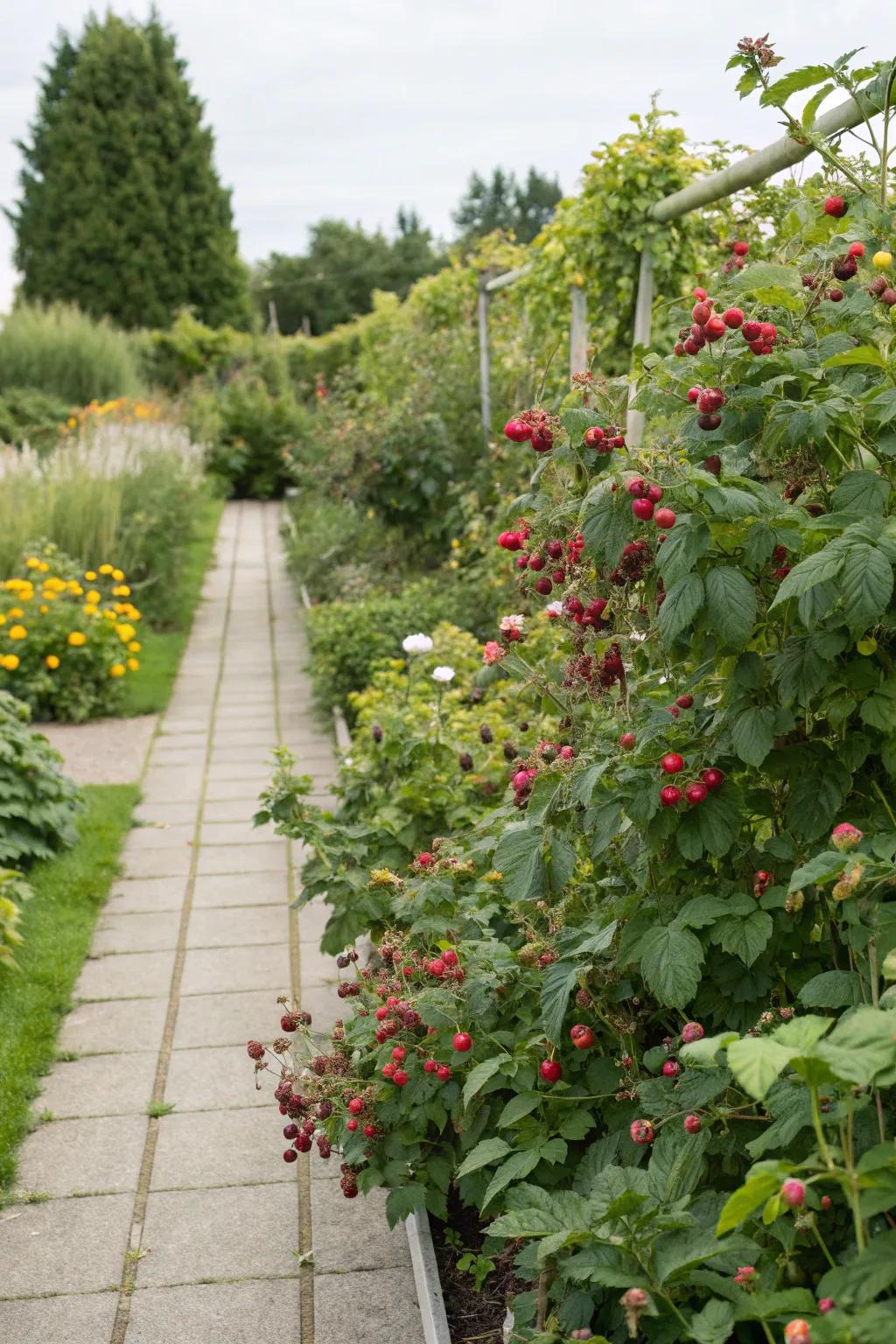 Raspberry bushes turn forgotten corners into lush, productive spaces.