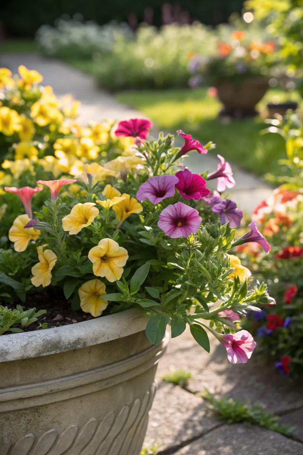 Calibrachoa in containers offer a flexible splash of color in this garden.